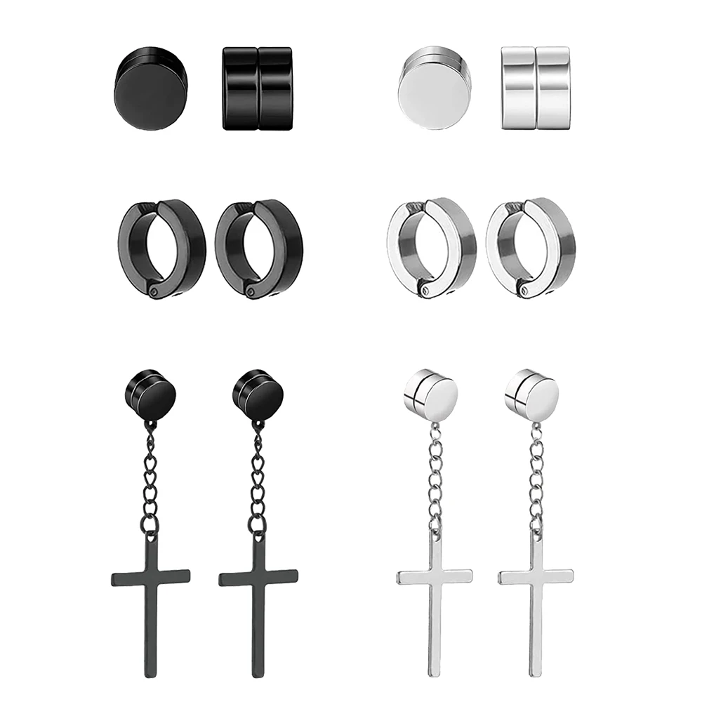 2pcs Punk Titanium Steel Men Strong Magnet Magnetic Cross Ear Clip Stud Set Non Piercing Earrings For Boyfriend Lover Jewelry