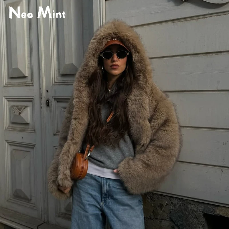 Neo Mint 2025 Winter Fluffy Thicken Hooded Faux Fur Coat Women Chic Street Fashion Girls Eco Fox Fur Jacket Warm Shaggy Overcoat