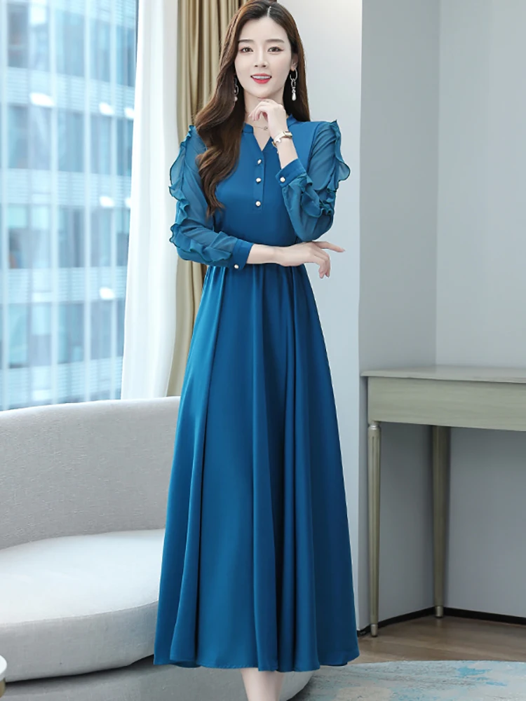 Female Red Acetate Satin Luxury Long Dress Autumn Winter Chic Ruffled Long Sleeve Dress 2024 Korean Elegant Bodycon Party Dress