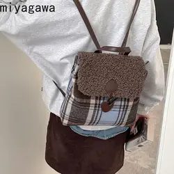 Miyagawa Retro Lamb Wool Backpack for Women's 2023 Autumn/Winter New Checkered High Quality Backpacks