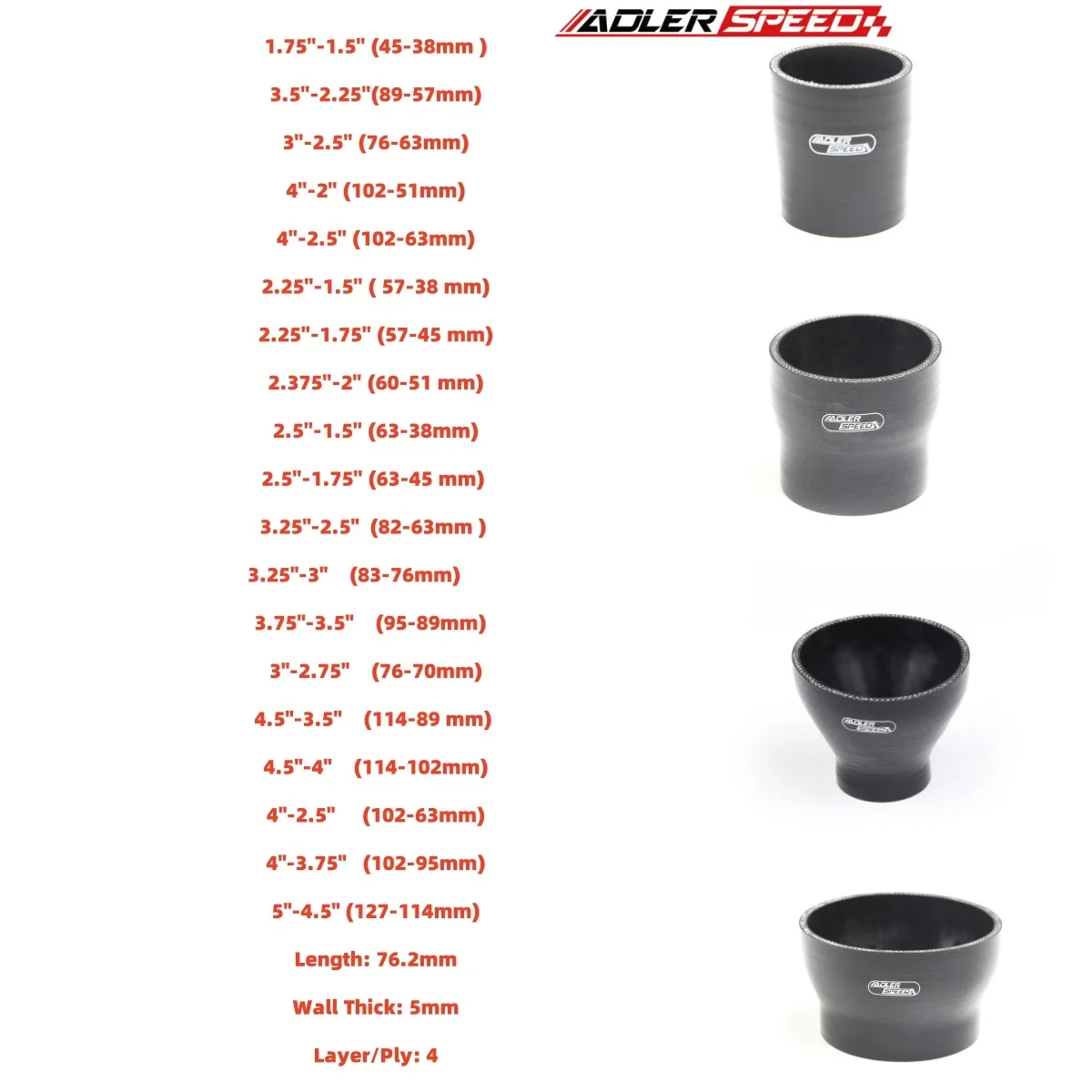 

4PLY Straight Black Reduce Elbow Hose Silicone Intercooler ID50-80 51-57 51-60 51-63 51-70 51-76 51-85 51-90 1PCS