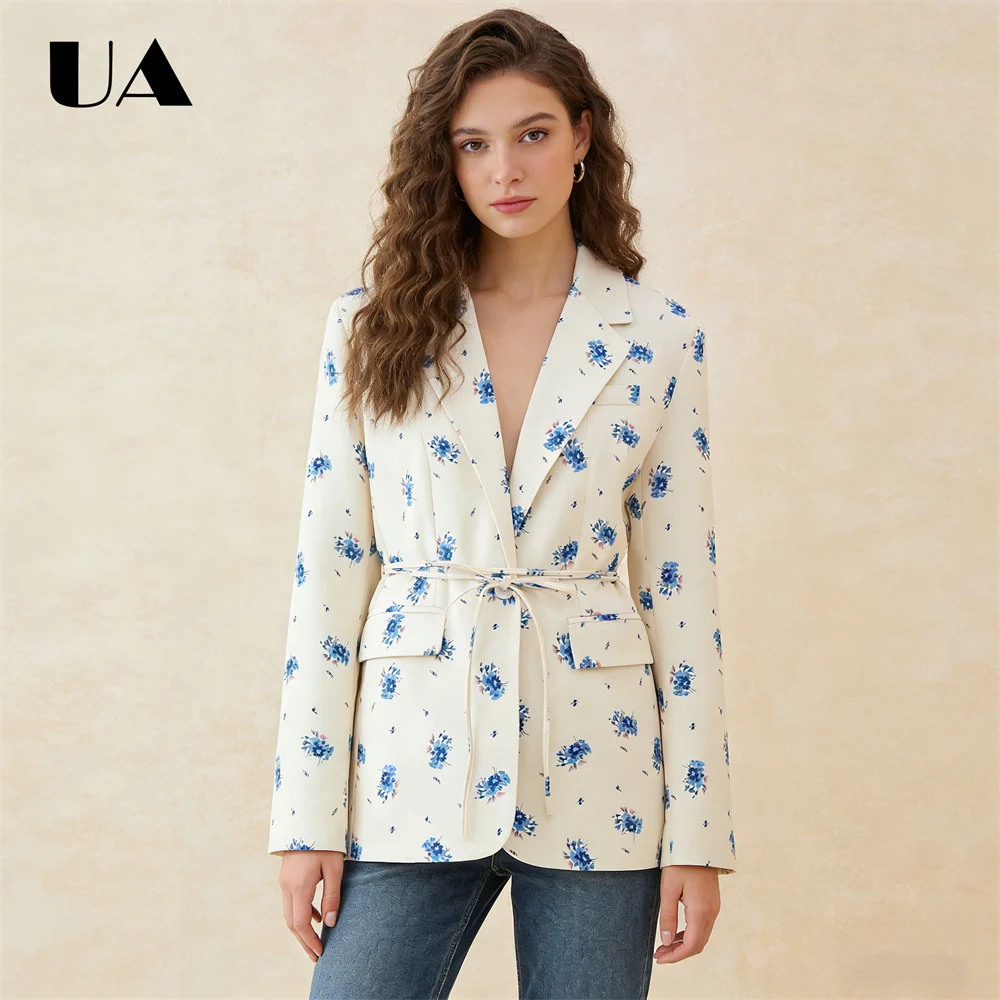 Cream Blue Floral Blazer Long-Sleeve Lapel Jacket Self-Tie Waist Belt Elegant Casual Work Blazer Fashion Spring Summer Floral