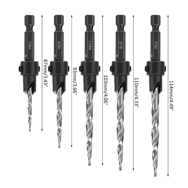 M17D 5 Pack Countersink Drill Bit Set 4/6 /8/10/12mm Bits Shank Adjustable Carpentry