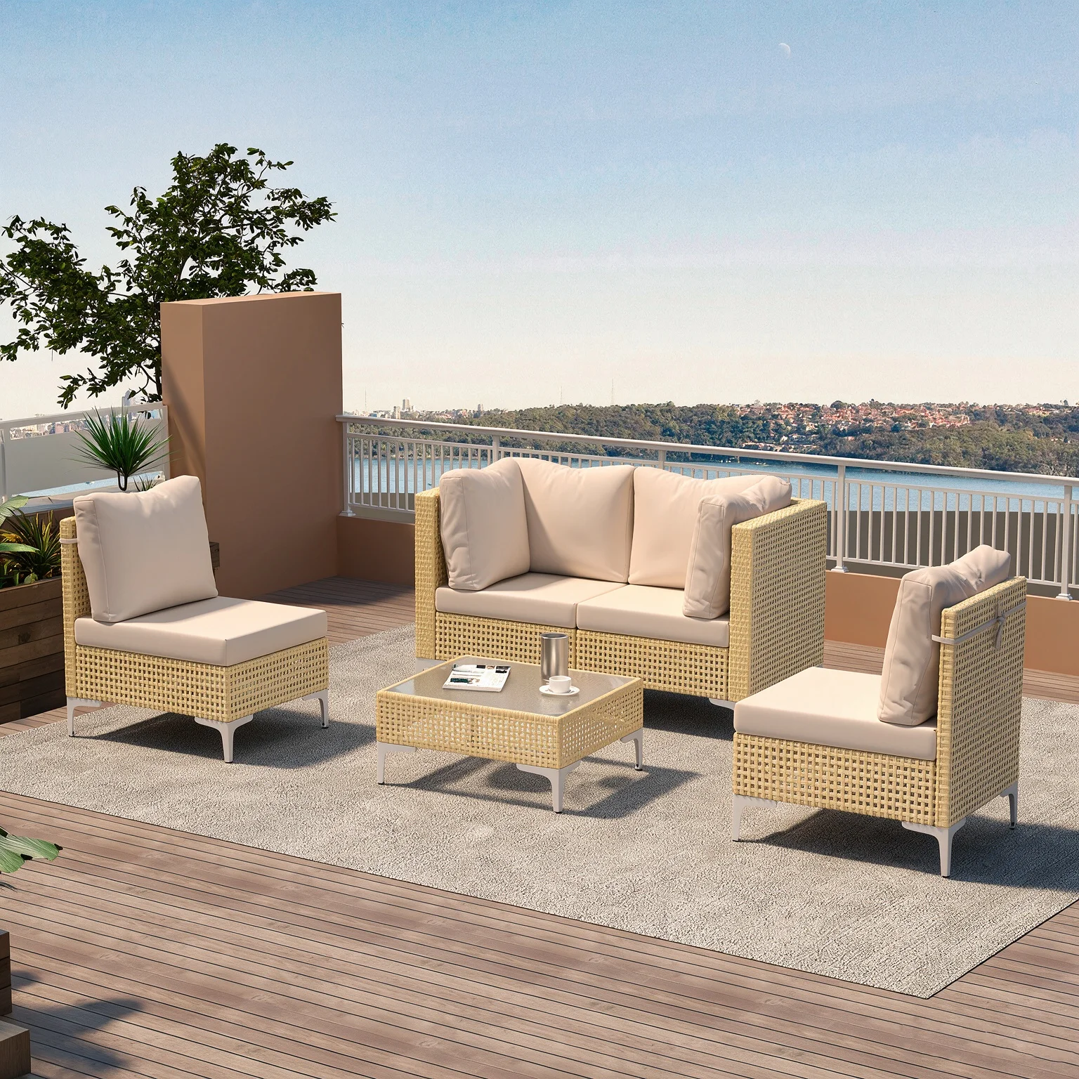Boho 5-Piece Patio Furniture Set Rattan Sectional Outdoor Sofa Group with Coffee Table