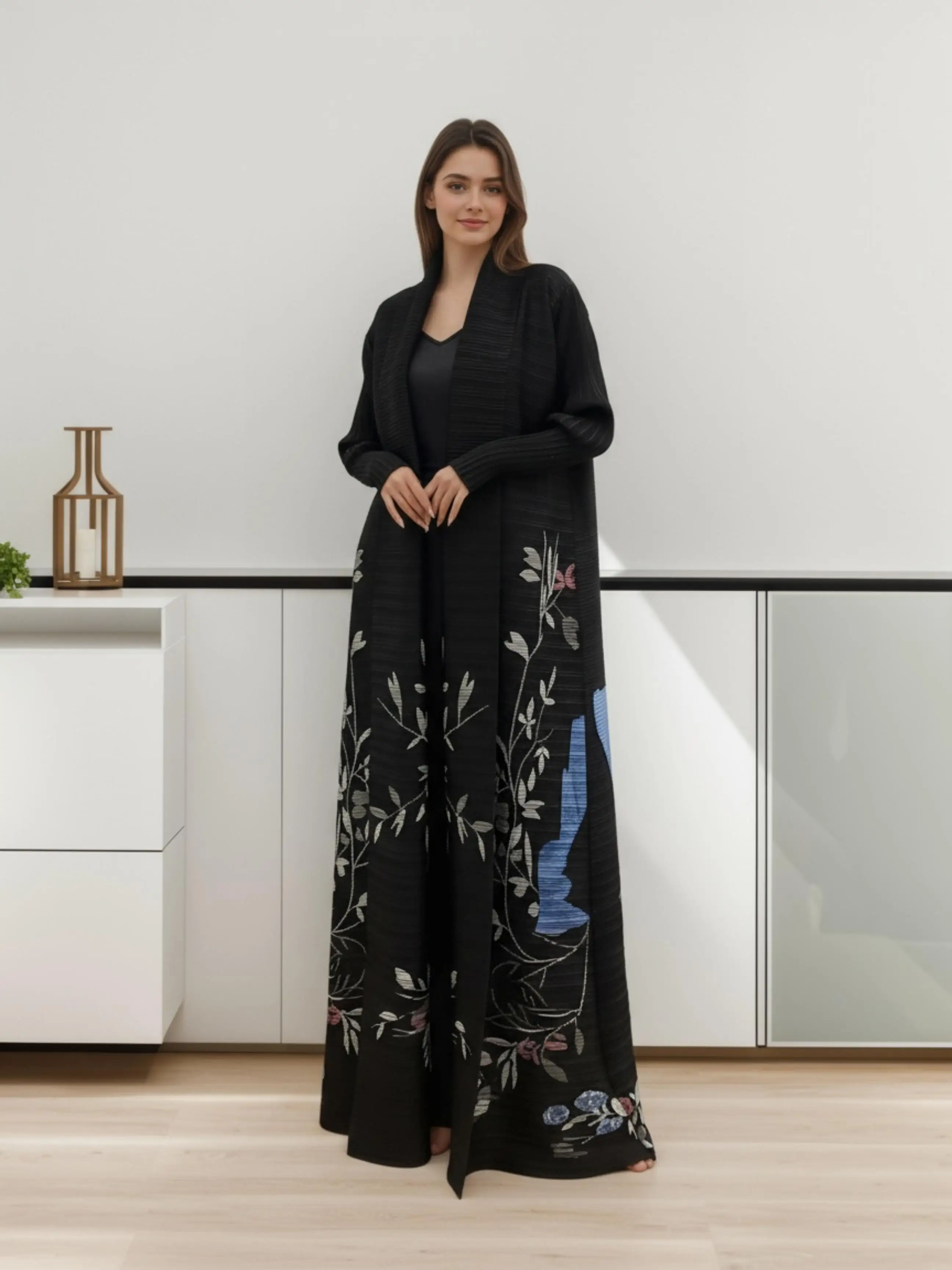 Middle Eastern floral print abaya long robe, Muslim ceremonial attire, long outer robe worn during Ramadan.