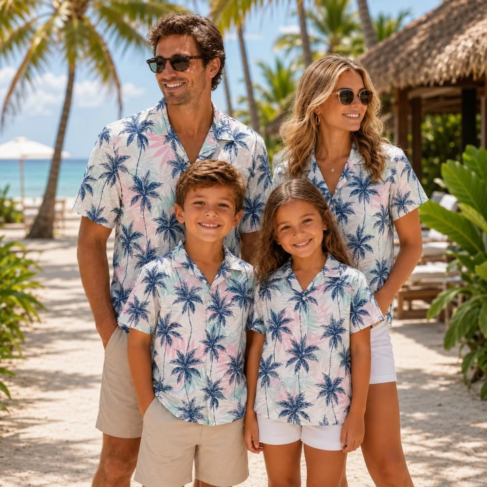 Summer Men's Family Wear Beach Hawaiian Shirt Tropical Palm Tree Shirt Holiday Tops Outdoor Vacation Style Parent Child T-Shirt