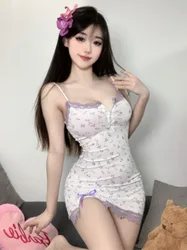 Sexy Pure Desire, Sexy Lace Small Chest Women Robe Dress Elegant Purple Sweet Mini Dress Korean Women 2024 New IPI7