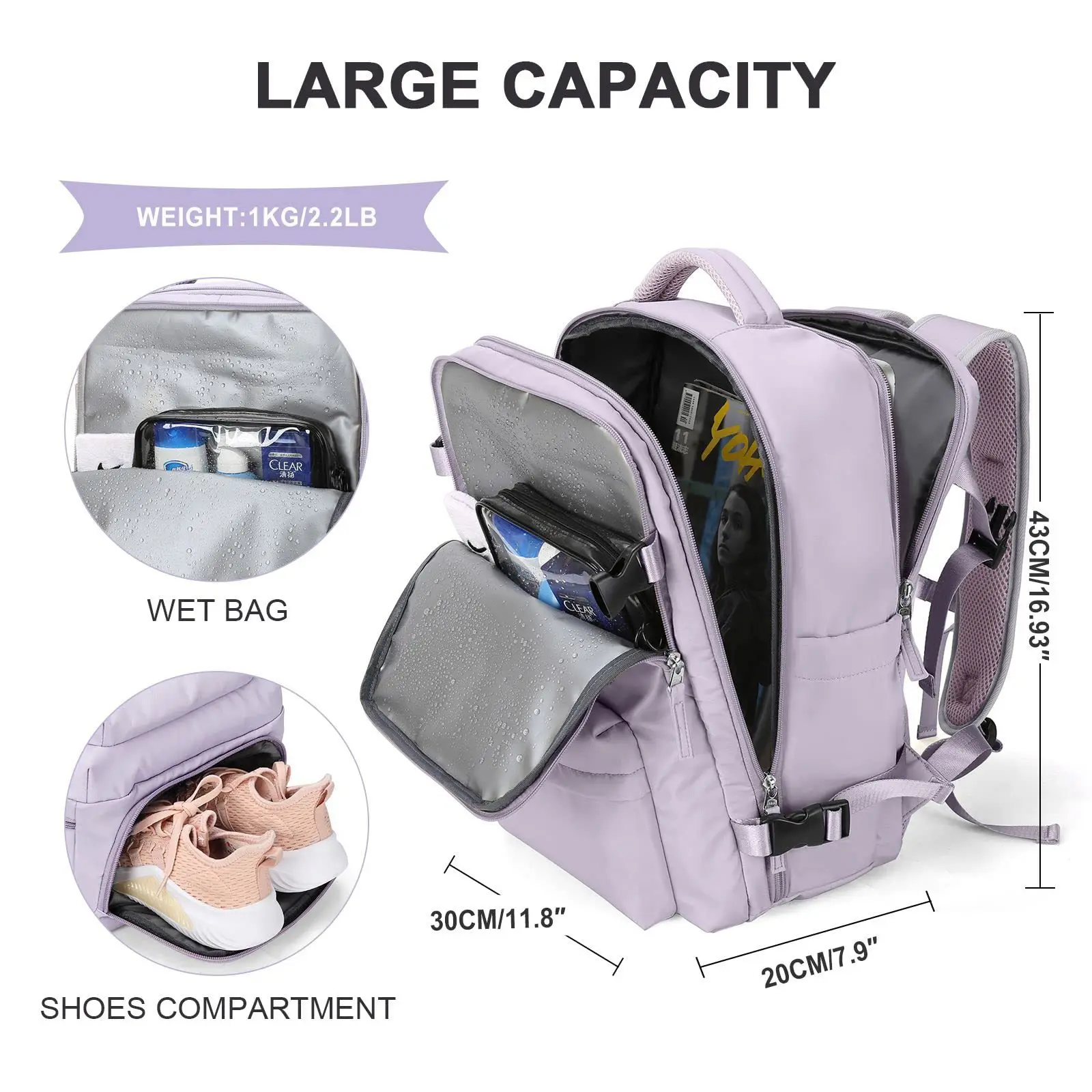 Mochila de viaje ligera impermeable para mujer, Maleta multifuncional de gran capacidad, carga USB, equipaje de avión