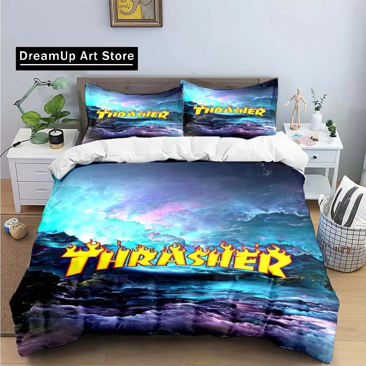 3D Print Fashion Cool T-Thrasher Logo Bedding Set Boys Girls Twin Queen King Size Duvet Cover Pillowcase Bed boys Adult Bedroom