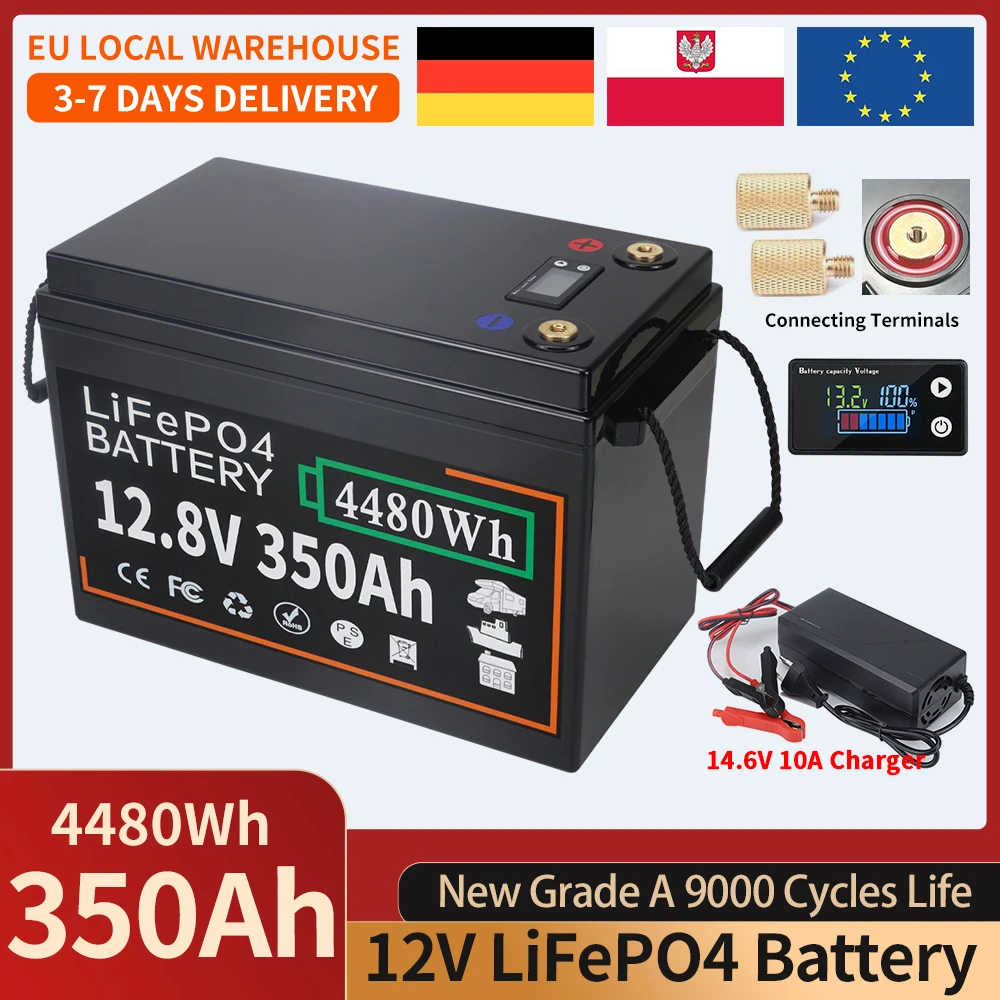 Batterie LiFePO4 au phosphate de fer et de lithium 12V 350Ah 300Ah 200Ah 150Ah 100Ah avec BMS intégré, 9000 cycles, pour voiturettes de golf, systèmes solaires, camping-cars et caravanes