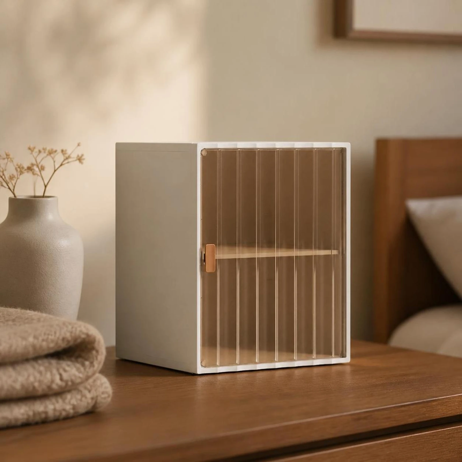 Storage Cabinet with Door Translucent Organizer Cabinet Furniture Ribbed Multifunctional for Bedroom, Dorm Room