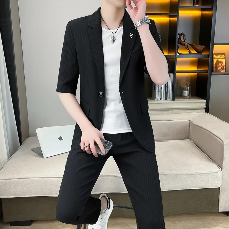 2024 Summer Men\'s Sets Half Sleeve Blazer Suits Fashion Solid color Short Sleeve Button Suit Shirt + Pants Slim FIt 2 Piece Set