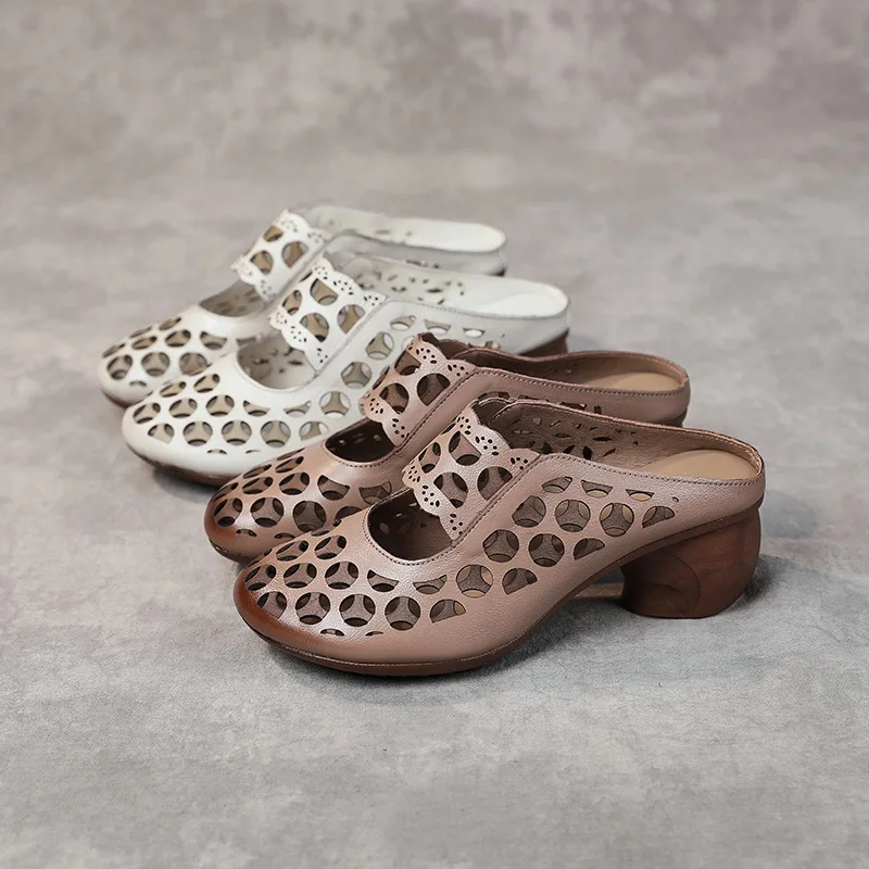 New Genuine Leather Cut Out Mules Women Summer Vintage Luxury Hollow Chunky Block Heel Shoes Woman Slides Casual Backless Sandal