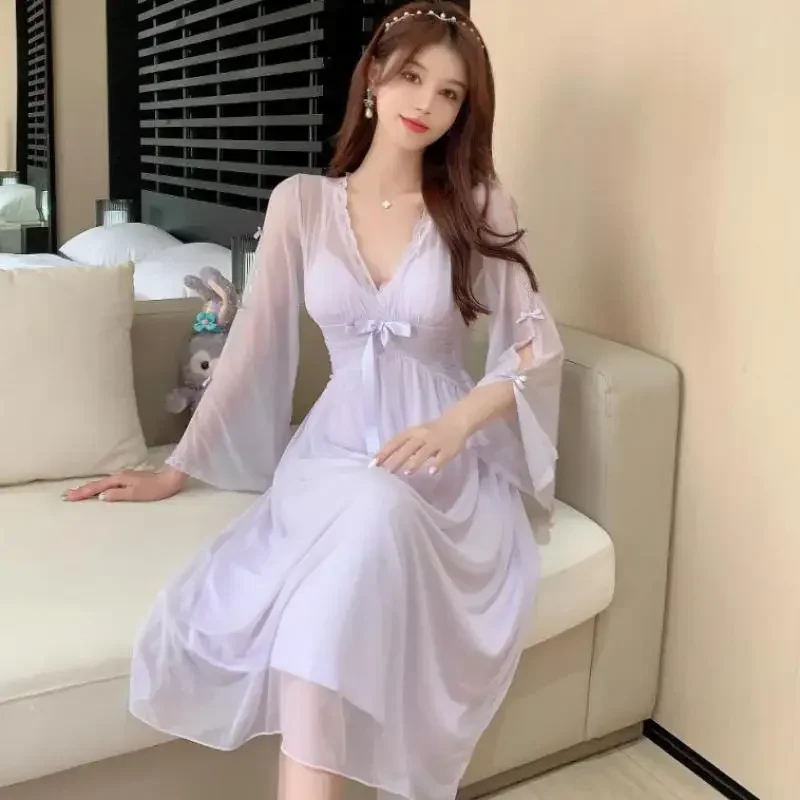 

V-Neck Nightgown Women Long Sleeve Sleepwear Bathrobe Dressing Gown Lingerie Court Style Summer Mesh Nightdress Loungewear