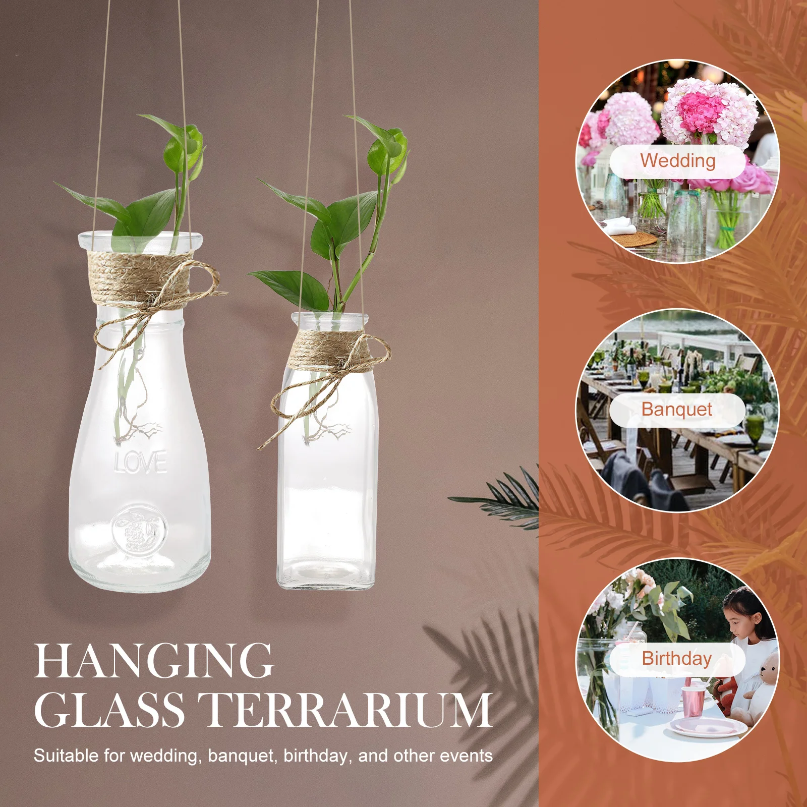 

2Sets Hydroponic Hanging Vase Glass Small Bottle for Home Decor Indoor Plants Air Purifying Simple Design Creative Plant