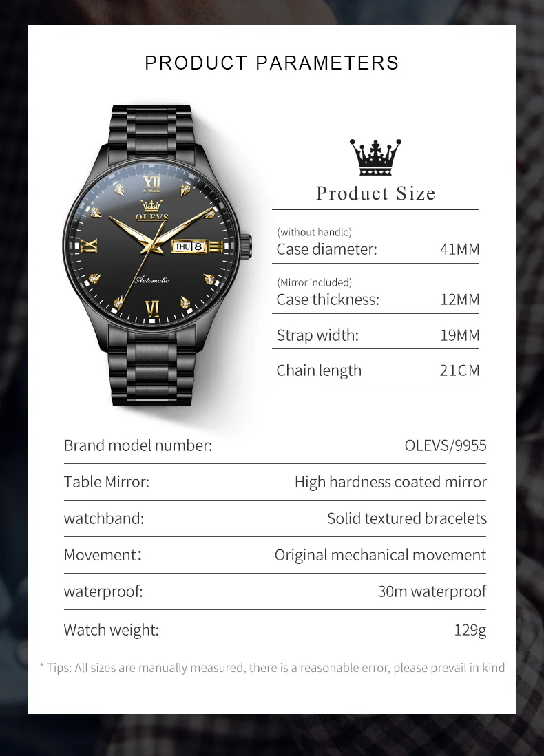 OLEVS 9955 Luxury Man Watch Stainless Steel Waterproof Luminous Calendar Simple Business Automatic Mechanical Wristwatch for Men