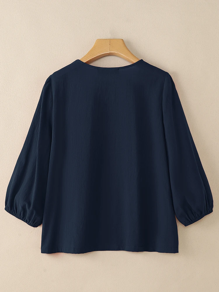 2025 Blusa Vintage de manga larga con cuello redondo para mujer, camisas de otoño ZANZEA, Tops de algodón para mujer, Blusas con botones, camisa de trabajo OL sólida elegante