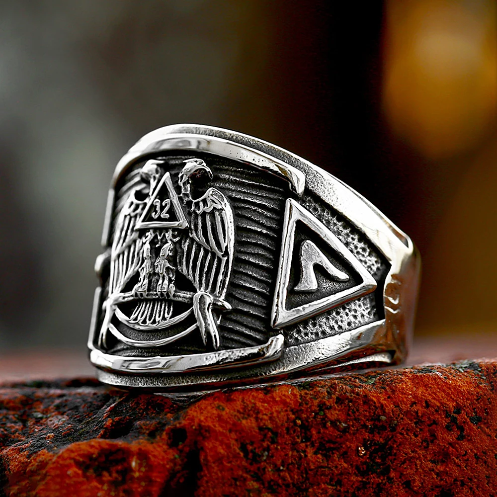 New Fashion Men's Vintage Masonic Symbol Rings Stainless Steel Punk Biker Double Eagles Animal Ring Party Jewelry Dropshipping image 3