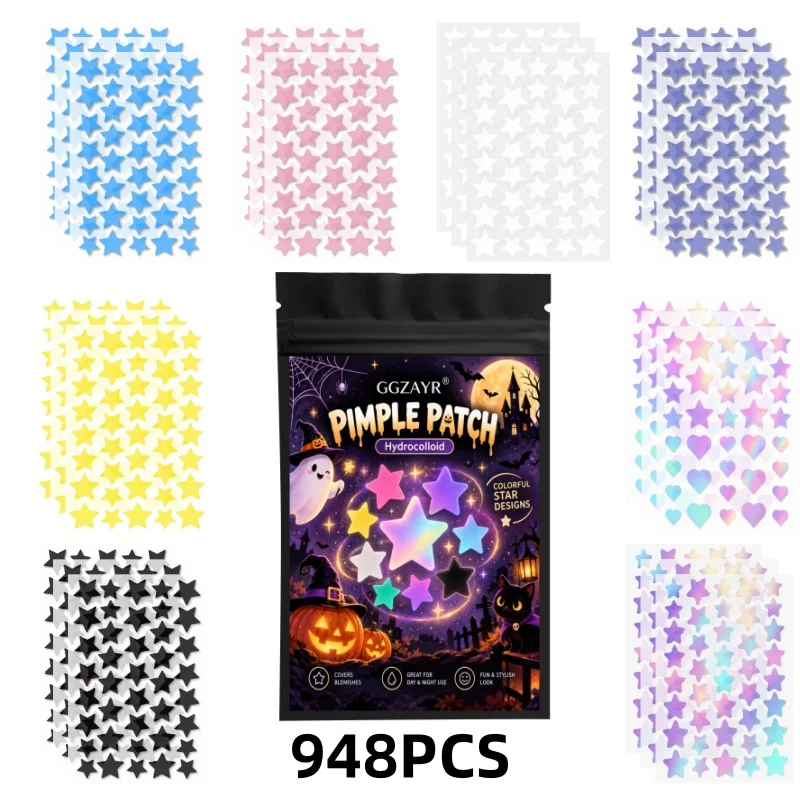 948PCS Colorful Star Pimple Patches, Hydrocolloid Face Spot Stickers, Mixed Colors & Shapes