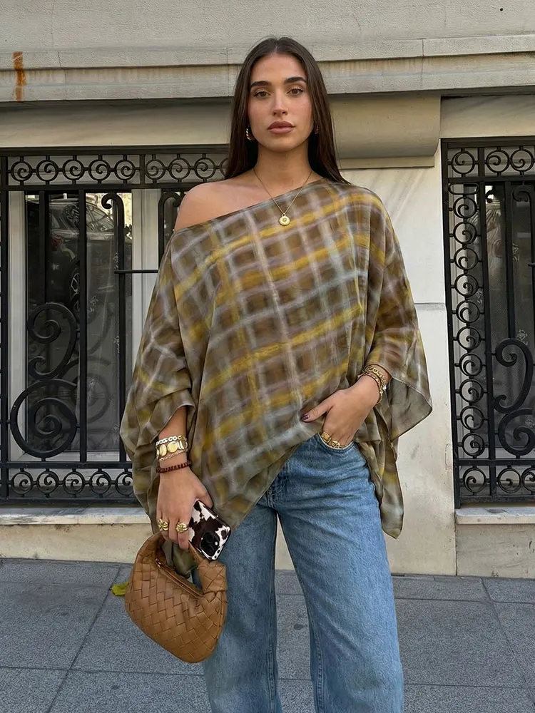 HH Women Casual Loose Thin Cloak Coats Shirt Plaid Asymmetric Blouse With Scarf 2026 Trend Summer Vacation Lady Chic Tops