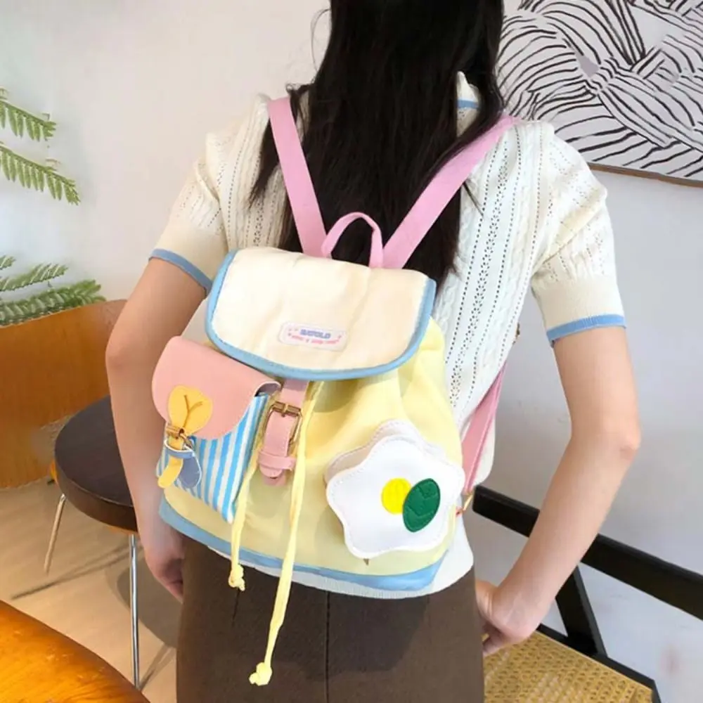 Korean Style Drawstring Creative Flower Backpack Cartoon Stripe Students School Bag Large Capacity PU School Bag Travel