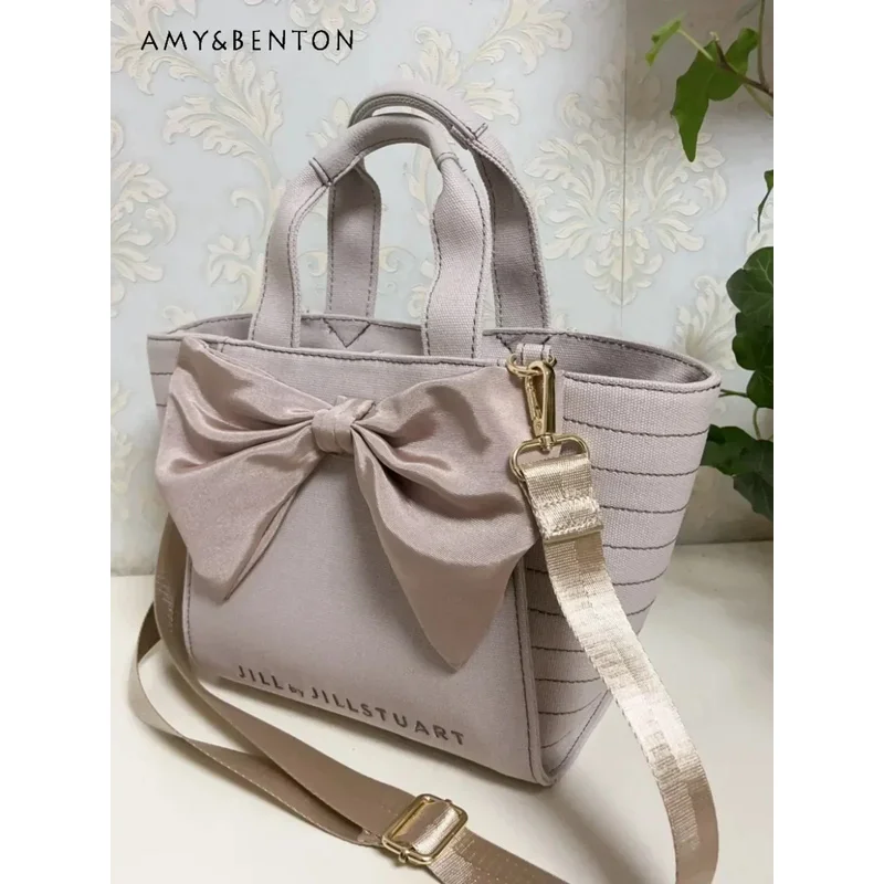 25COSJapanese Jill Bow Decorative Handbag Women Girly Versatile Messenger Bag Sweet Cute Canvas Bag Graceful Trendy Handbag Stud