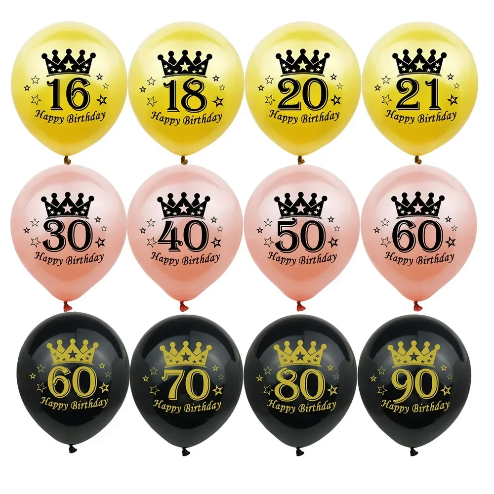 10pcs Rose Gold Black Crown Happy Birthday Latex Balloons 20 30 40 50 60 70 Year Old Birthday Wedding Anniversary Party Decors*