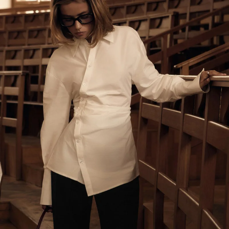 

Elegant White Notch Collar Single Breasted Long Sleeve Blouse Asymmetric Cross Front Slim Fit Cardigan Chic Women Commuting Top