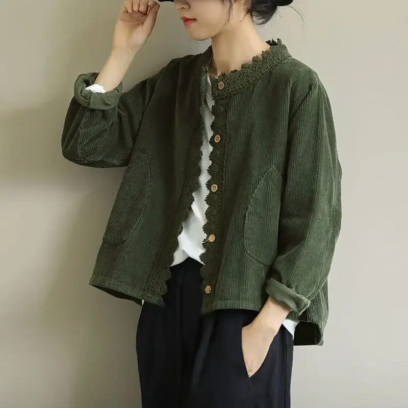 Large Loose Artistic Long Sleeved Round Neck for Spring, New Solid Color Corduroy Lace Lace Versatile Short