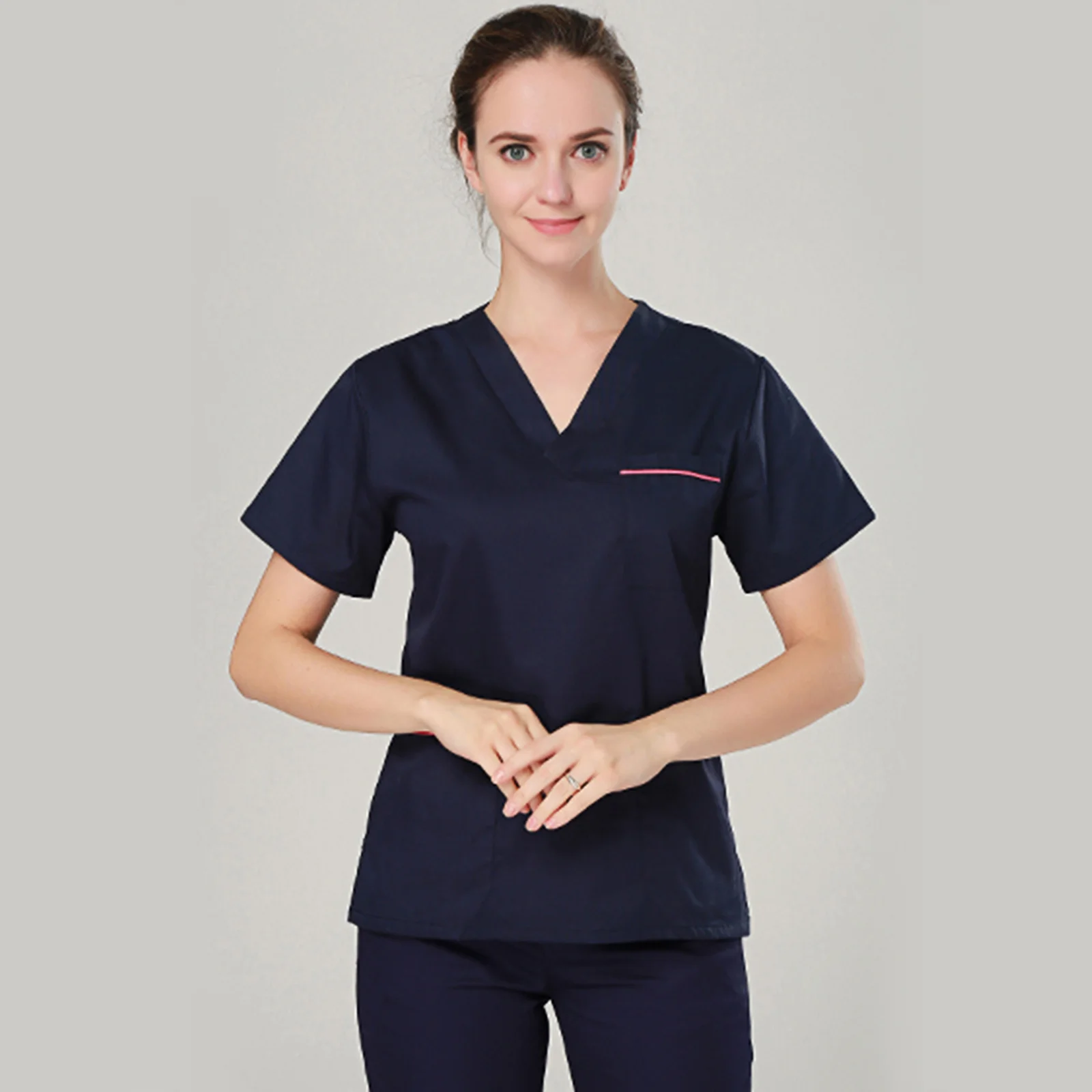 

1Set Navy Two-Pieces Nursing Uniform Short Sleeve Cotton Hospital Working Clothes V-Neck Labour Suit for Clinic Laboratory