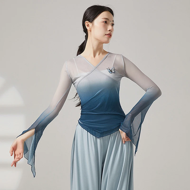 

Женская классическая танцевальная блузка из сетки с градиентом, длинными расклешенными рукавами и разрезом, для сари, китайского ханьфу, выступлений и тренировок