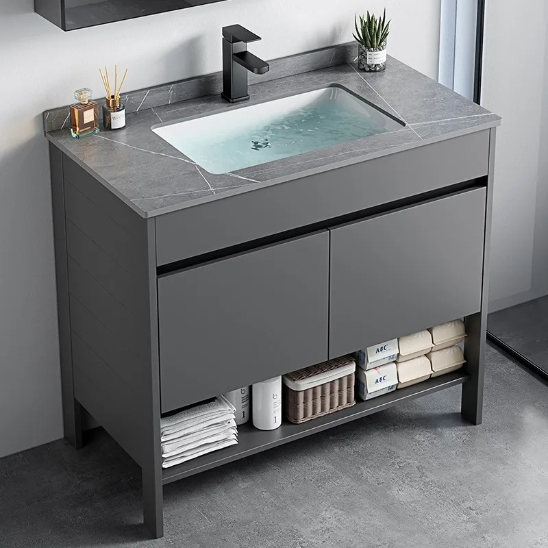 Freestanding Space Aluminum Bathroom Vanity Set with Integrated Ceramic Wash Basin for Bathroom Sink and Wash Station