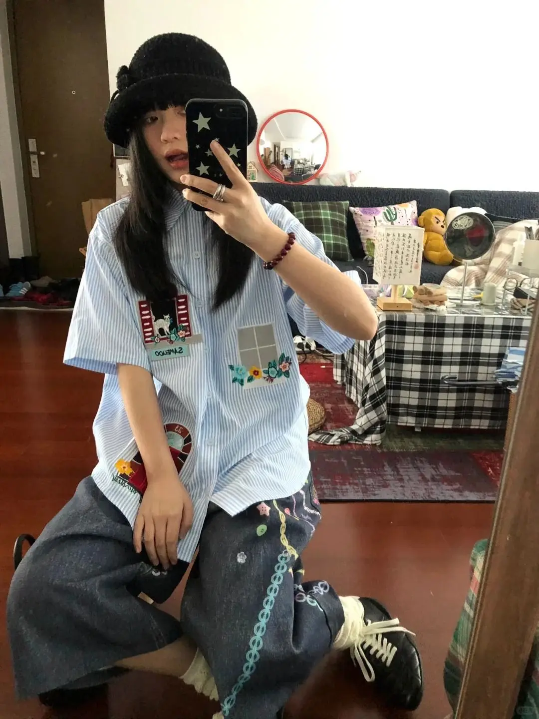 

Spring Summer New Vintage Striped Short Sleeve Shirt Embroidered Loose Top