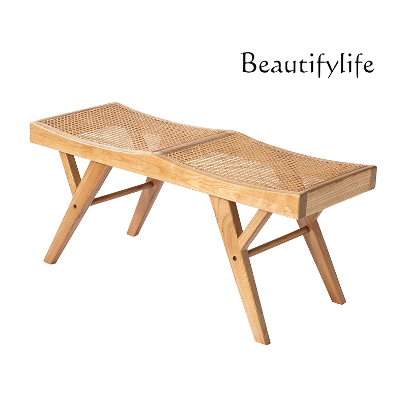 

Nordic Rattan Bench Two-Person Three-Person Restaurant Bedroom and Household Japanese Solid Wood Rattan Shoe Change Stool