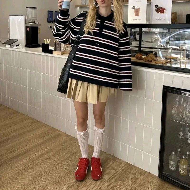 Fall New Arrival Women's Retro College Sle  Ne Striped Knit Sweater Long Sve Polyester Fiber Hooded Casual Top