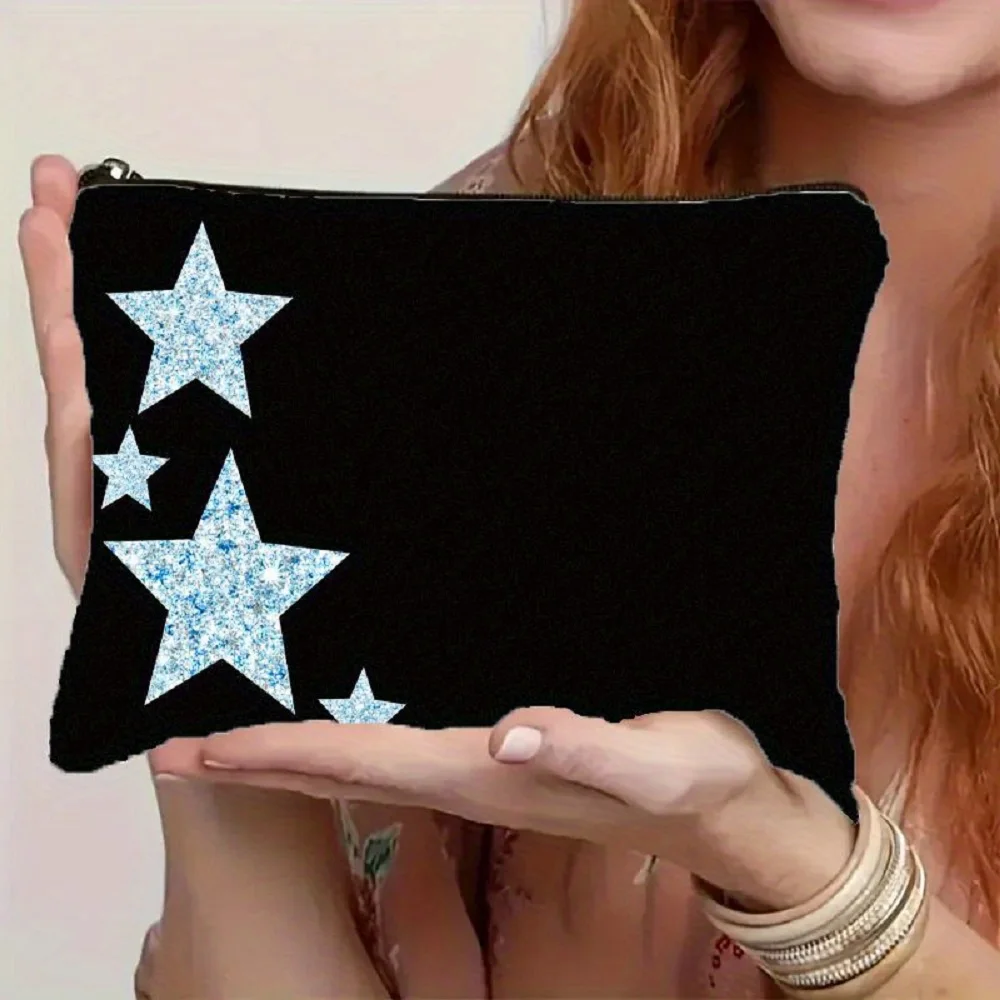 1 Piece Black Glitter Star Print Makeup Bag - Multifunctional Zipper Pouch for Women, Perfect Travel Zipper Storage Bag, Fun Birthday Gift