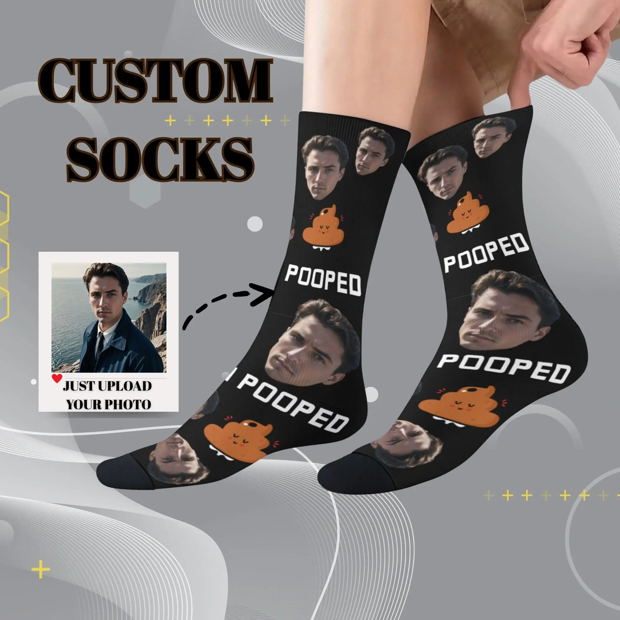 Custom Face Goofy Novelty Memory-Carrying Crew Socks “I POOPED” Print on Various Color Funny Gifts for Husband or Friends