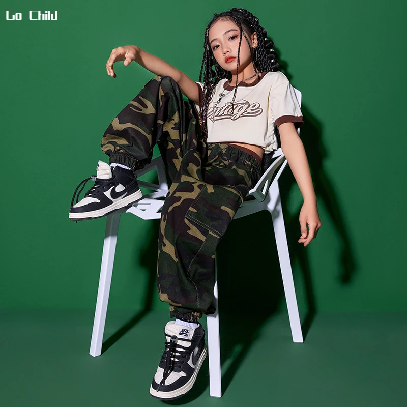 Girls Hip Hop Crop Top Camouflage Cargo Pants Clothes Sets Kids Tie Up T-shirt Street Dance Joggers Children Streetwear Costumes