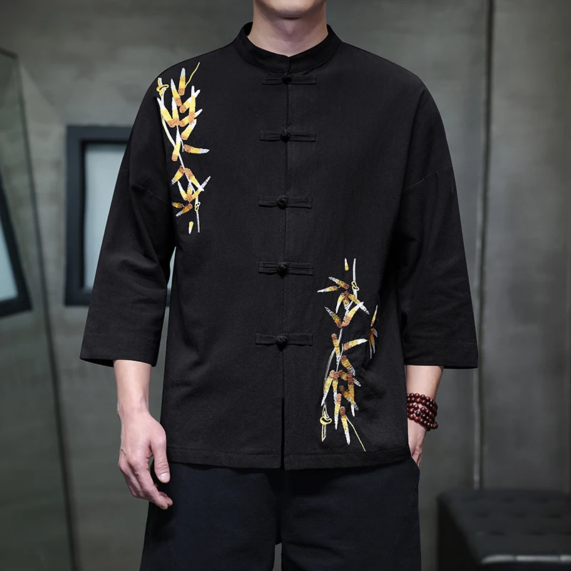 Chinese style mid-sleeve cotton linen shirt, sweat-absorbing and breathable bamboo leaf embroidery ancient style cardigan