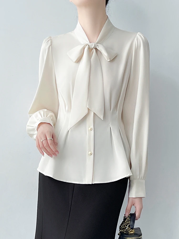 

Korean Sle Long Sve Knot irt Women's Commute Interview Pleated Waist Cinched OL Top Skin-friendly Breathable