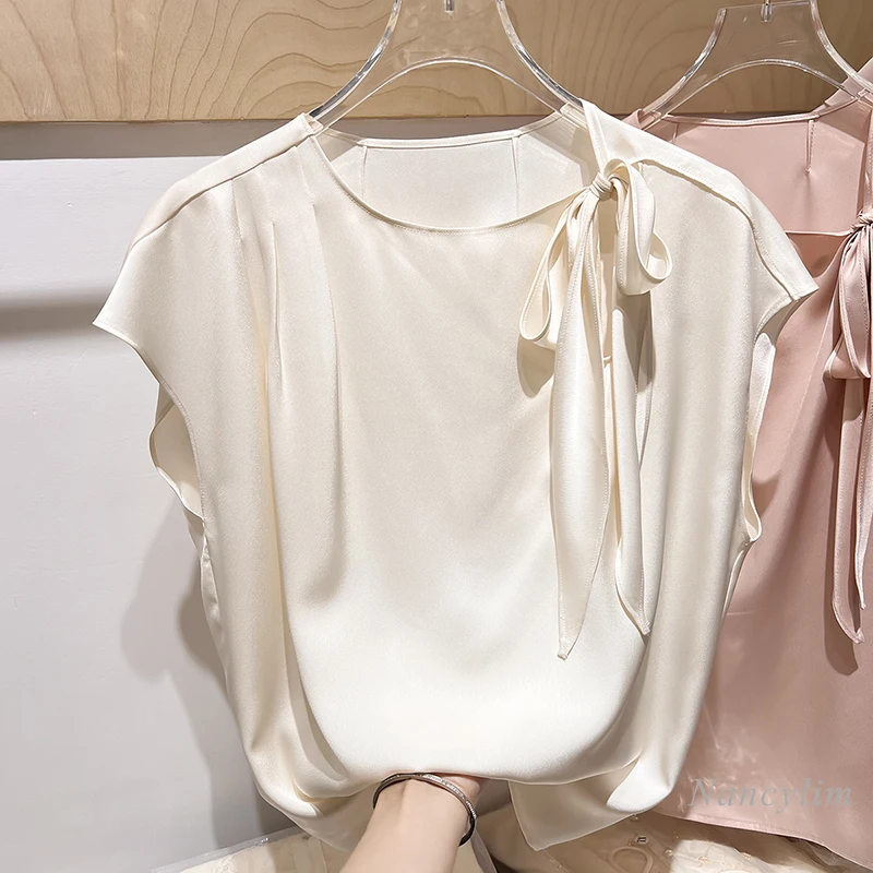 2024 New Temperament Blouse Woman Slimming Lace-up Round Neck Solid Color Pullover Short Sleeve Chiffon Shirt for Women Summer