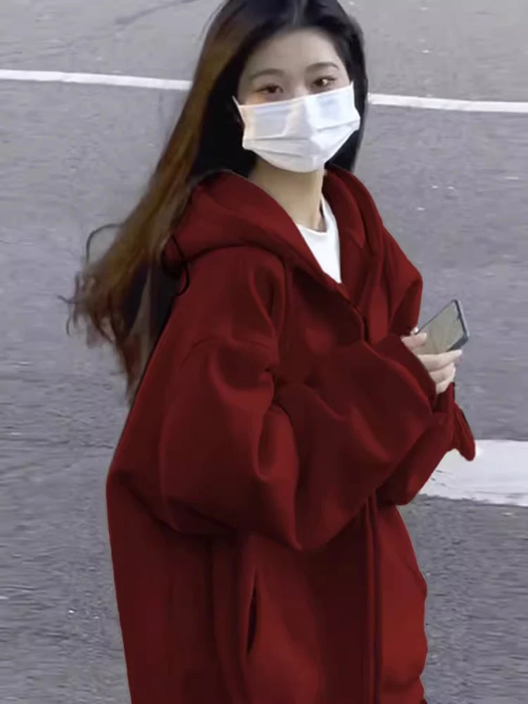 Sweat à capuche surdimensionné rouge vin Jaet femme décontracté coupe ample américain Sle automne hiver nouveauté Streetwear fermeture à glissière