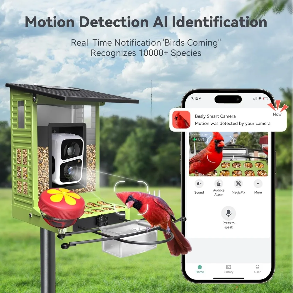 وحدة تغذية الطيور الذكية المعدنية التي تعمل بالطاقة الشمسية مع كاميرا، تحديد الذكاء الاصطناعي بالأضواء الشمسية، كاميرا 2K HD وواي فاي، تنبيهات الوصول الفوري
