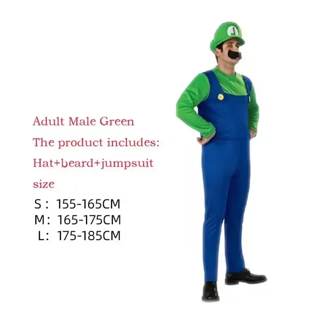 Anime Super Luigi Brothers Cosplay Volwassen Mannen en Vrouwen Jongens Meisjes Jumpsuit Baard Hoed Set Halloween Kostuum Rekwisieten