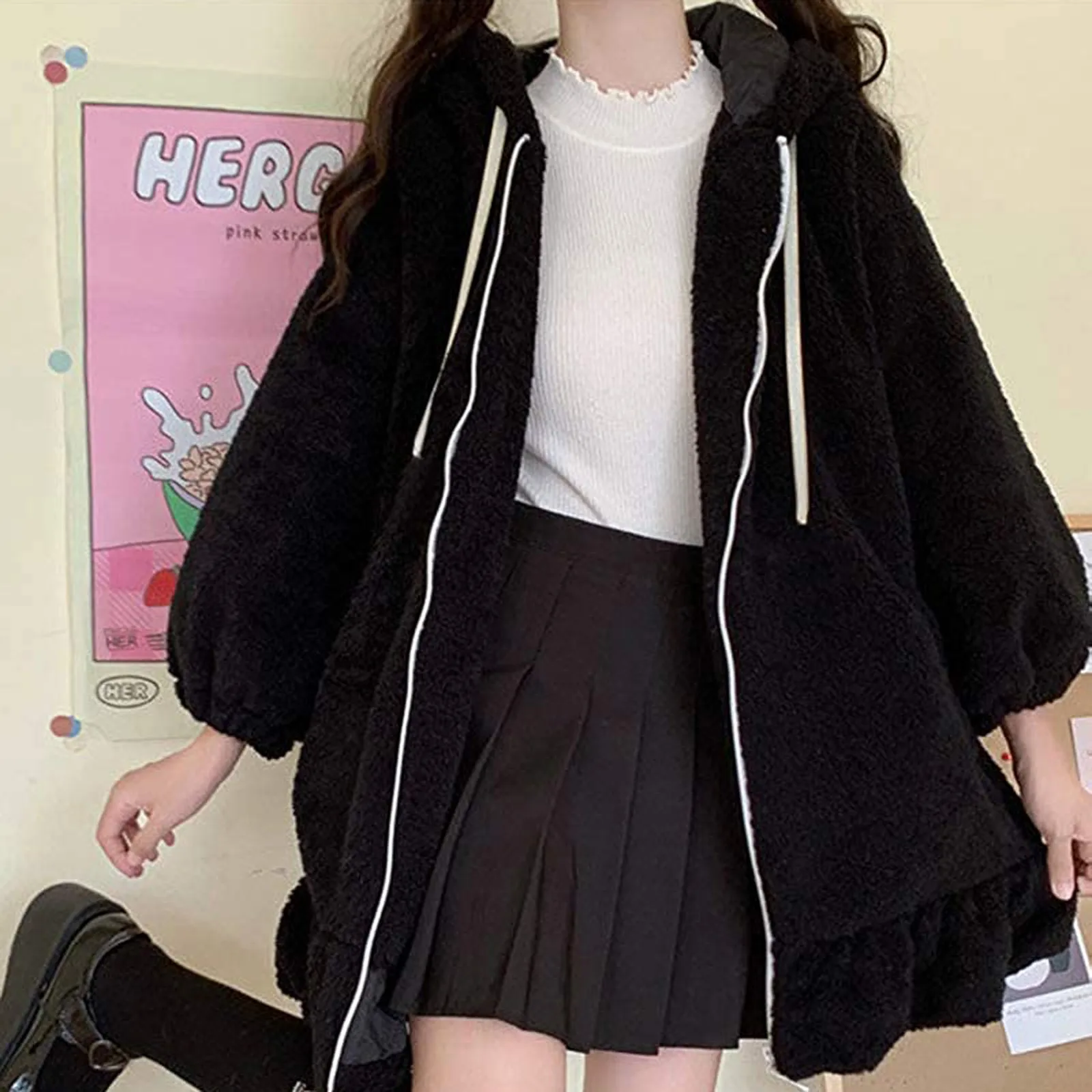 Chaquetas gruesas con capucha para mujer, abrigo de manga larga de linterna con cremallera y orejas de conejo, moda informal, Tops cálidos Harajuku para niñas dulces, invierno de los 90