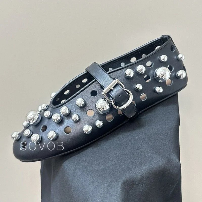 Spring Autumn Genuine Leather Shallow Mouth Metal Bead Decorative Flat Shoes Women's Belt Buckle Breathable Ballet Dance Shoes
