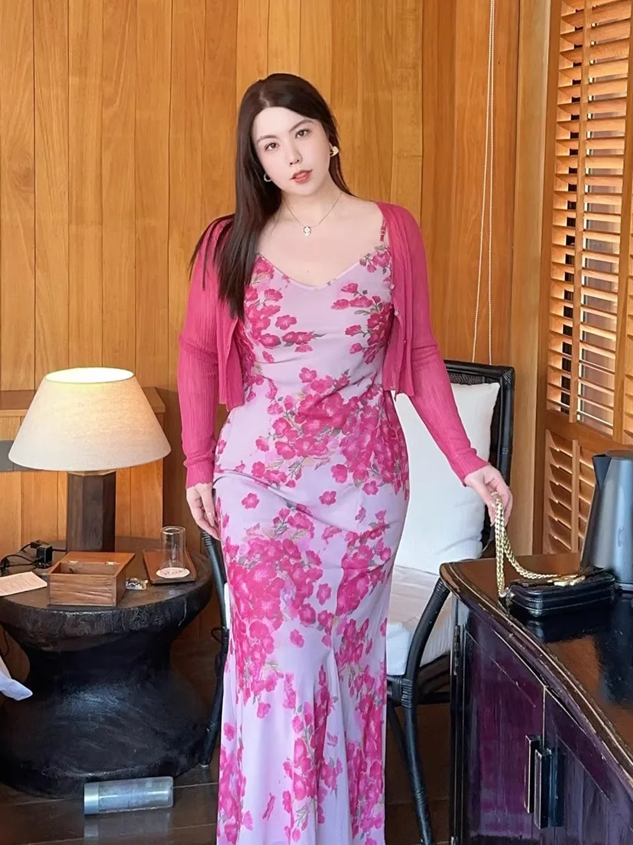 

Spring And Scenery Hong Kong Style Retro Vacation Skirt Slimming Waist Cinched Midi Dress Summer Long Sleeve V-Neck Floral Print