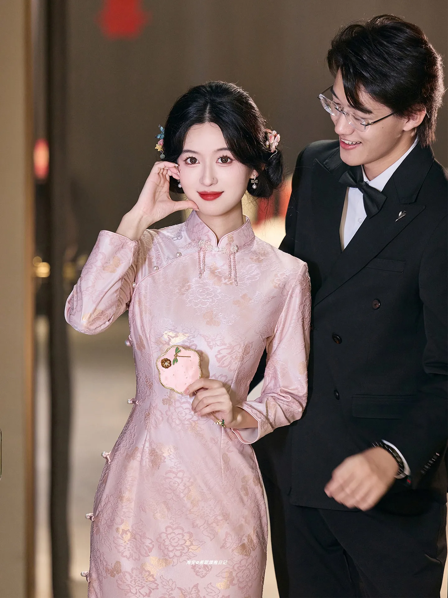 

Ele Pink Long Sve Wedding Dr Women's Dr Vintage Sle Chinese Faion High Quali Autumn New Arrival