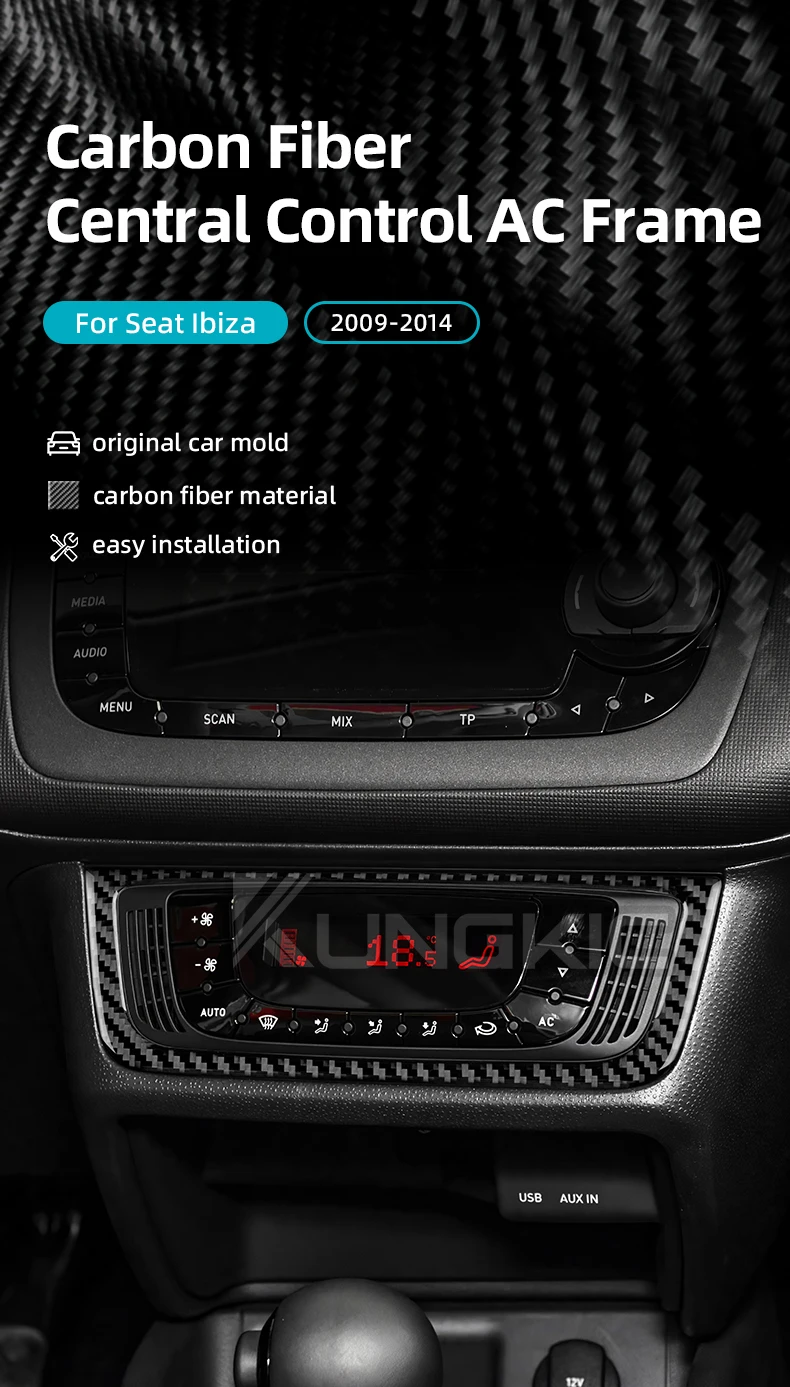 Echter, weicher Carbonfaser-Aufkleber für Seat Ibiza 6j 2009 2010 2011 2012 2013 2014 LHD RHD Auto Mittelkonsole AC-Rahmenverkleidung – Detail 1