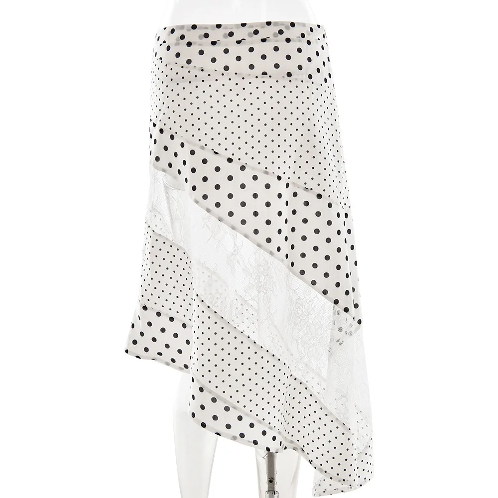 Sheer Lace Patchwork Polka Dots พิมพ์ไม่สมมาตร Maxi กระโปรงผู้หญิงแฟชั่นเอวสูง Slim Casual ทั้งหมด Streetwear กางเกง